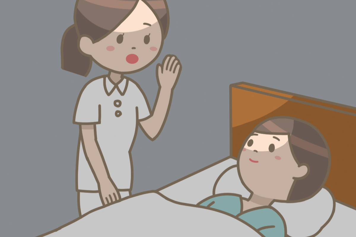 夜勤看護師が暗い病室で患者対応をしているイラスト